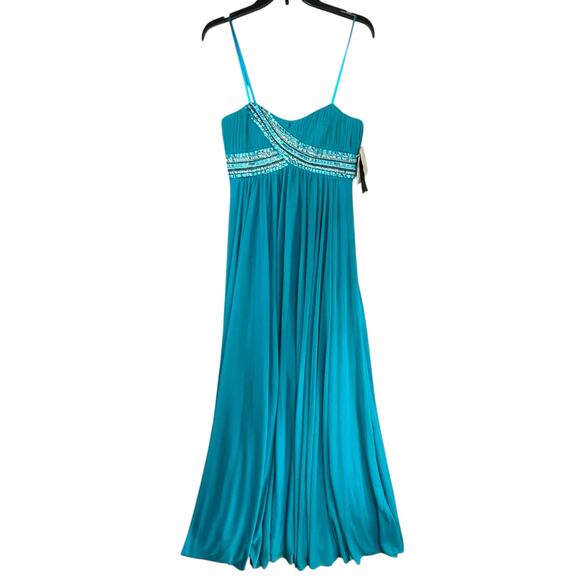 Aidan Mattox Maxi Dress 6 Teal Blue Beaded Rhinestones Ball Gown Prom Occasion - Picture 1 of 16